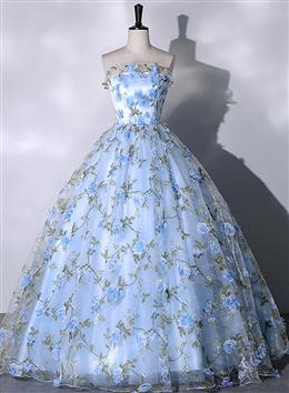 Picture of Blue Floral Sweetheart Floor Length Formal Dress, Blue Long Party Dress